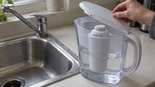 A hand lifting the lid of a generic filter pitcher beside a kitchen sink