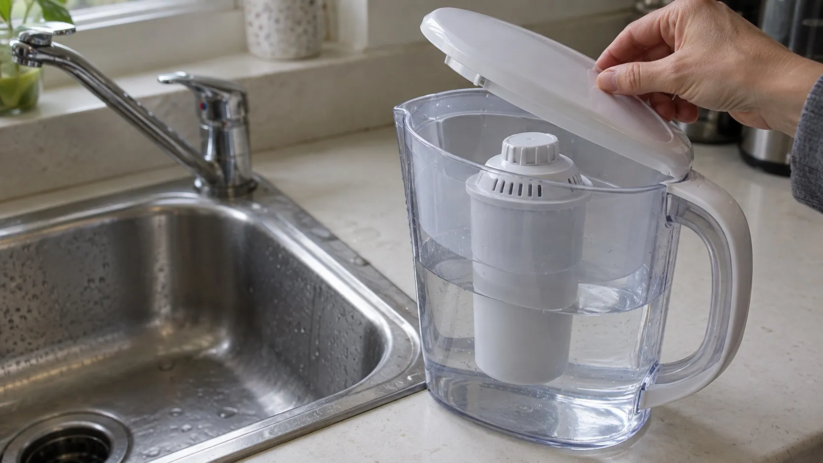 A hand lifting the lid of a generic filter pitcher beside a kitchen sink