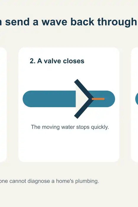 Illustration of water moving through a pipe, then a closed valve and a pressure wave traveling back through the line.