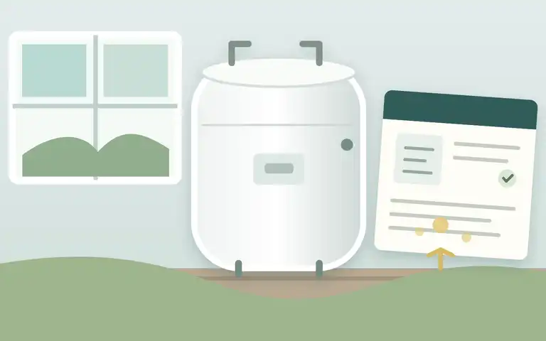 Illustration of a closed water heater beside a household outage record and manual.
