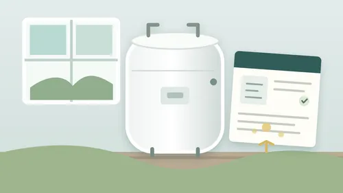Illustration of a closed water heater beside a household outage record and manual.