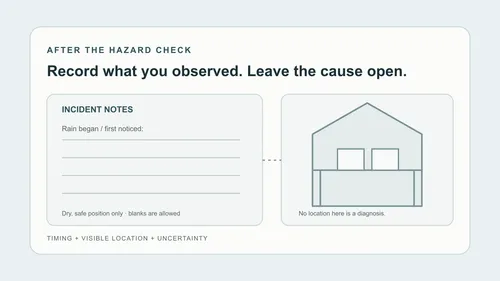 A blank observation card pairs a rain timeline with a simple basement outline; it does not mark or diagnose a water source.