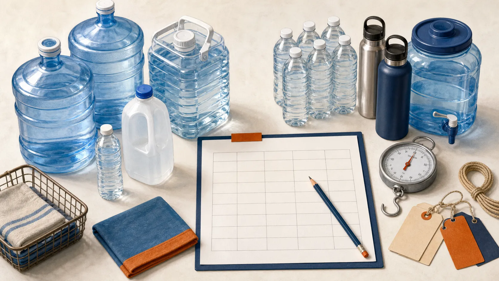 Illustrated household water planning workbench with varied water containers, a blank container worksheet, a pencil, tags, and a hanging scale