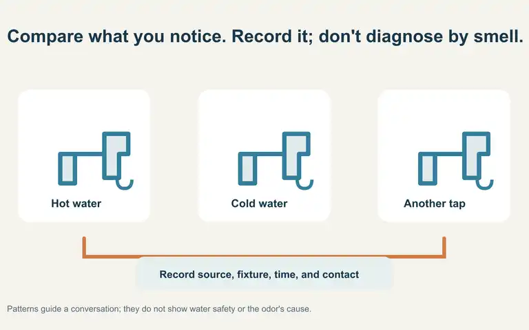 Illustration of three tap observations labeled hot, cold, and another fixture, with arrows leading to a water-quality record.