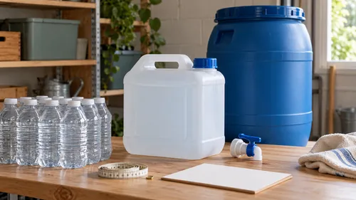 Sealed water bottles, a capped portable container, a separate spigot, and a larger closed drum on a workbench