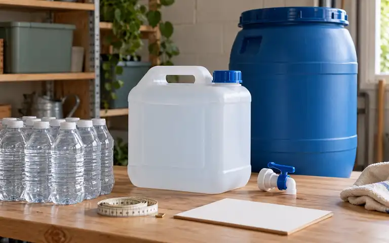 Sealed water bottles, a capped portable container, a separate spigot, and a larger closed drum on a workbench