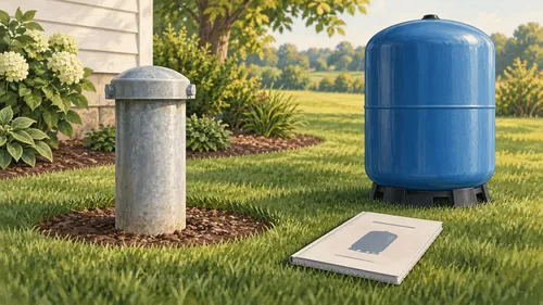 Editorial illustration of a capped well casing, a separate blue pressure tank and an unmarked booklet.