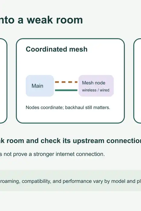 Illustration comparing a router with a wireless extender, a mesh system with wireless or wired backhaul, and a wired access point.