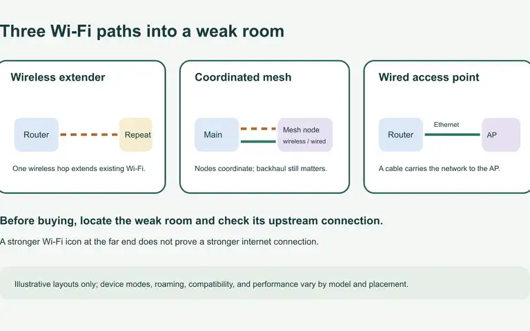 Illustration comparing a router with a wireless extender, a mesh system with wireless or wired backhaul, and a wired access point.