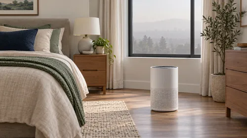 A white air cleaner on a clear bedroom floor beside a closed window with hazy outdoors.