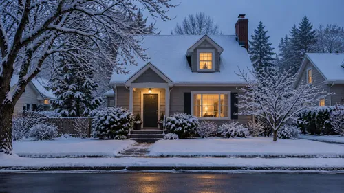 A snow-covered home and sidewalk at early evening with soft light in its windows.