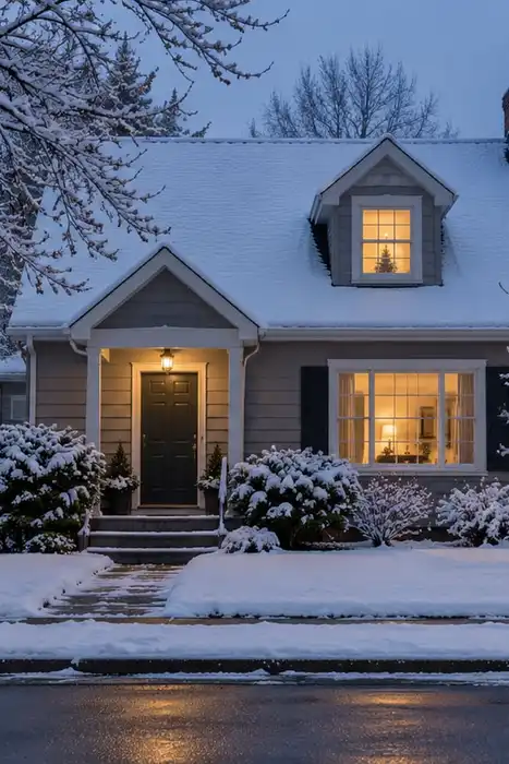 A snow-covered home and sidewalk at early evening with soft light in its windows.