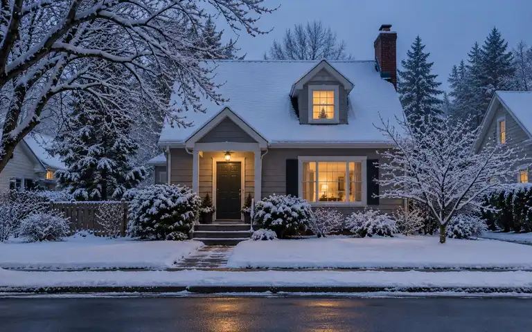 A snow-covered home and sidewalk at early evening with soft light in its windows.
