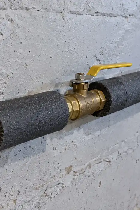 Foam insulation around a basement pipe with an accessible brass shutoff valve