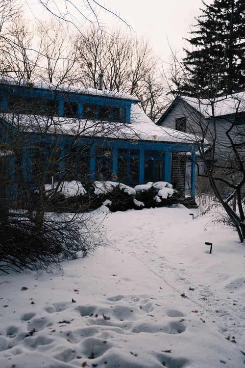 A detached house with a snow-covered roof among bare winter trees.