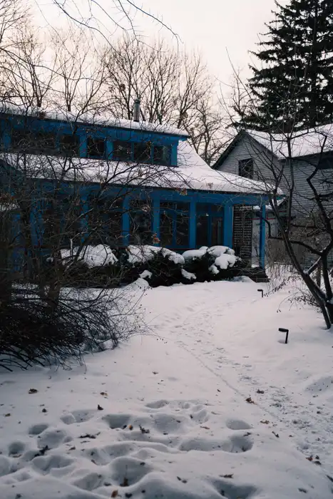 A detached house with a snow-covered roof among bare winter trees.