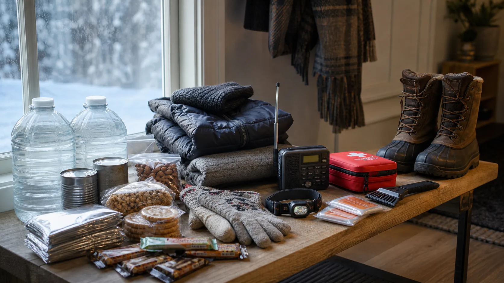 Winter emergency supplies including water, shelf-stable food, warm clothing, radio, headlamp, first-aid kit, and boots