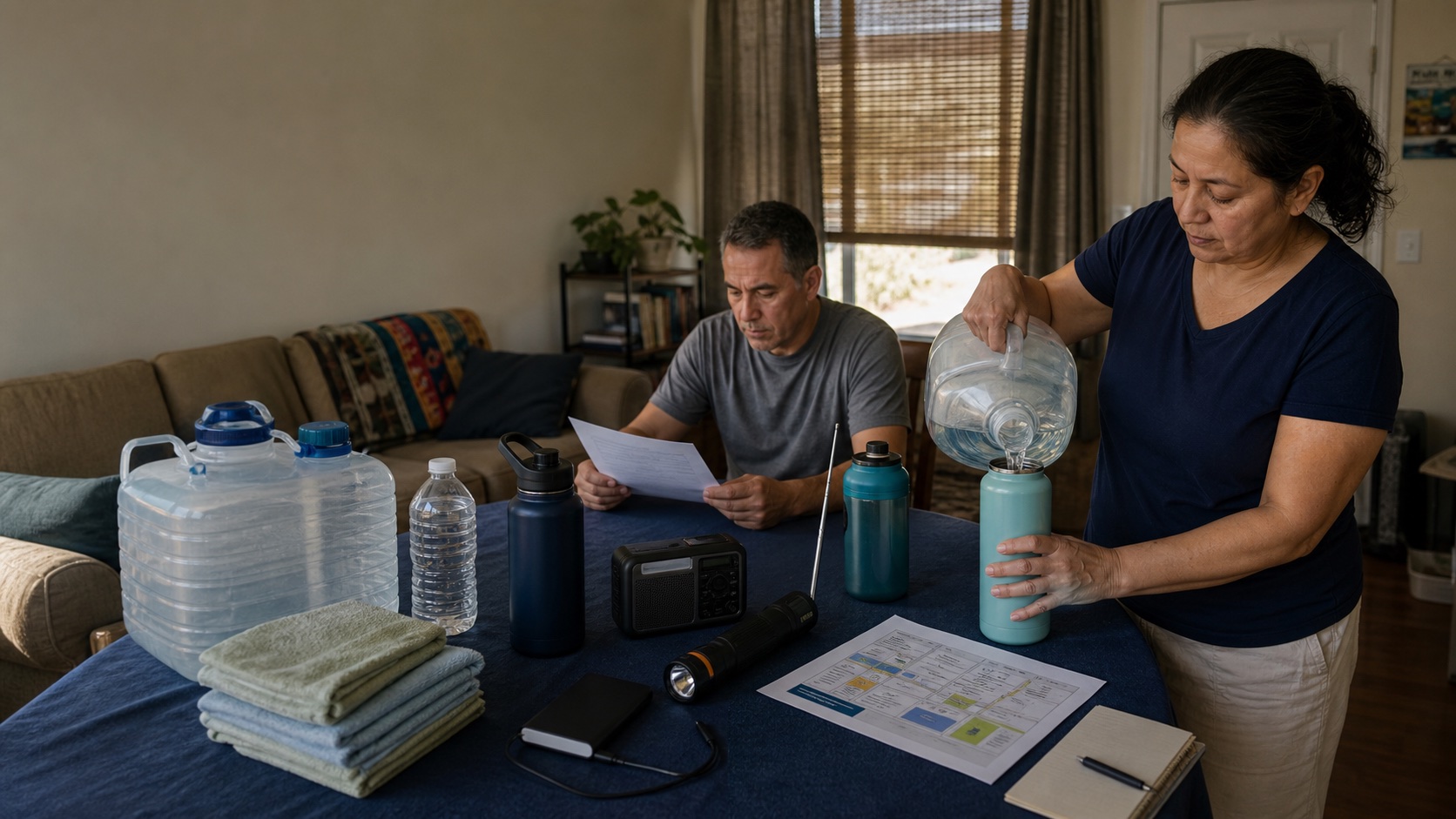 Two adults organize drinking water, cooling cloths, a radio, and a paper plan in a shaded living room during a summer power outage